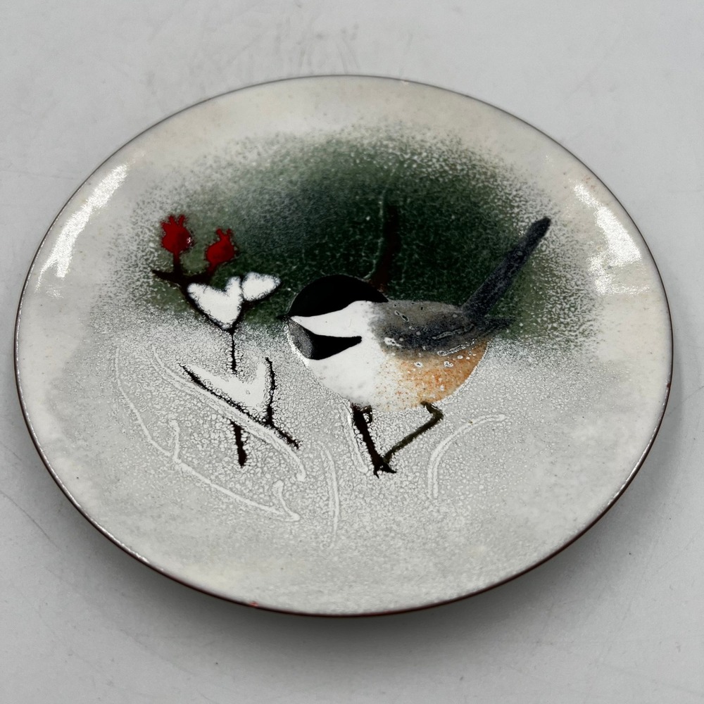 Norman Brumm Enamel on Copper‎ 6" Chickadee Winter Plate Signed Michigan Artist